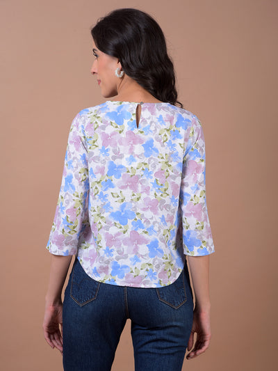 Multi-Color Floral Print Linen Top
