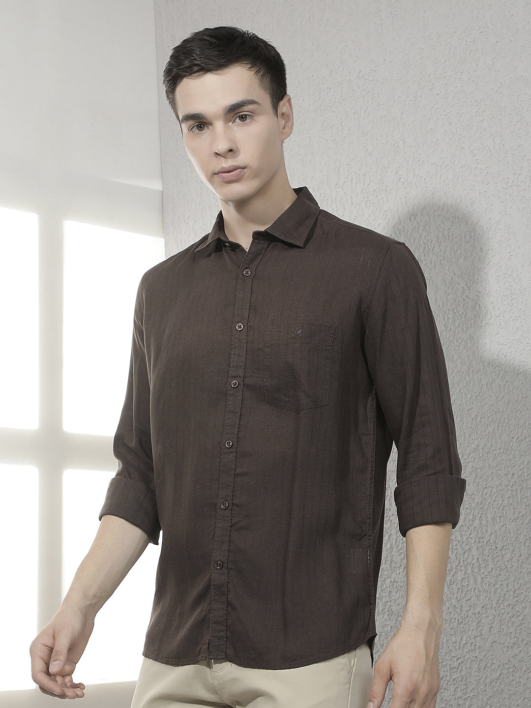 Brown Vertical Stripes Linen Shirt