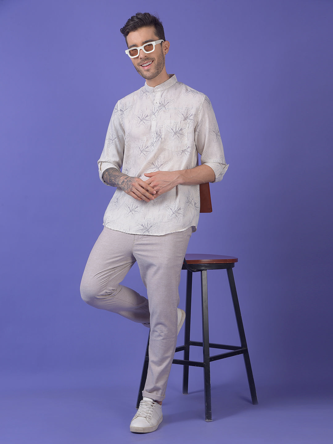 Green Floral Print Linen Kurta