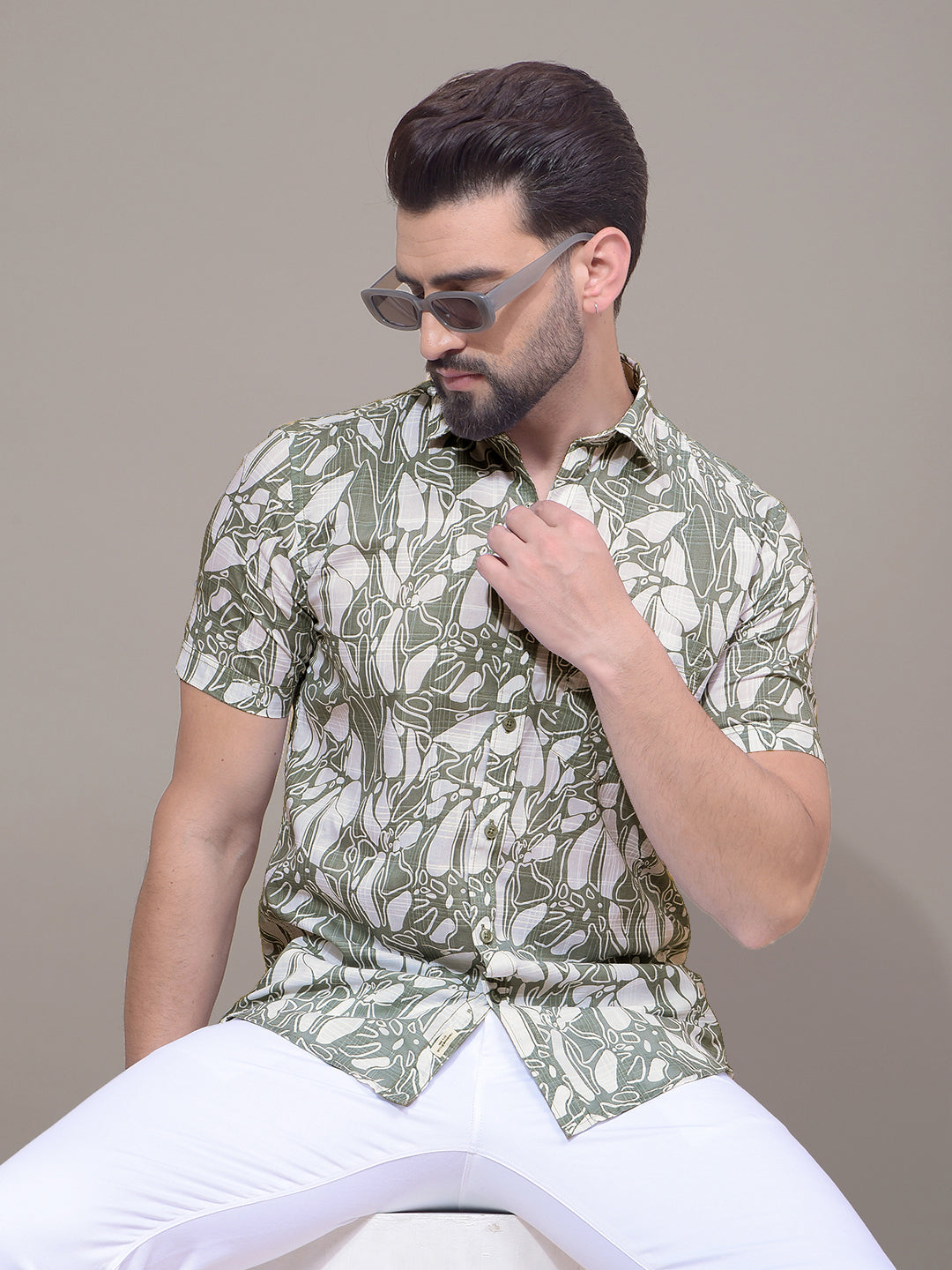 Green Floral Print 100% Cotton Shirt-Men Shirts-Crimsoune Club