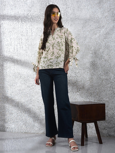 Green Floral Print V-Neck Top