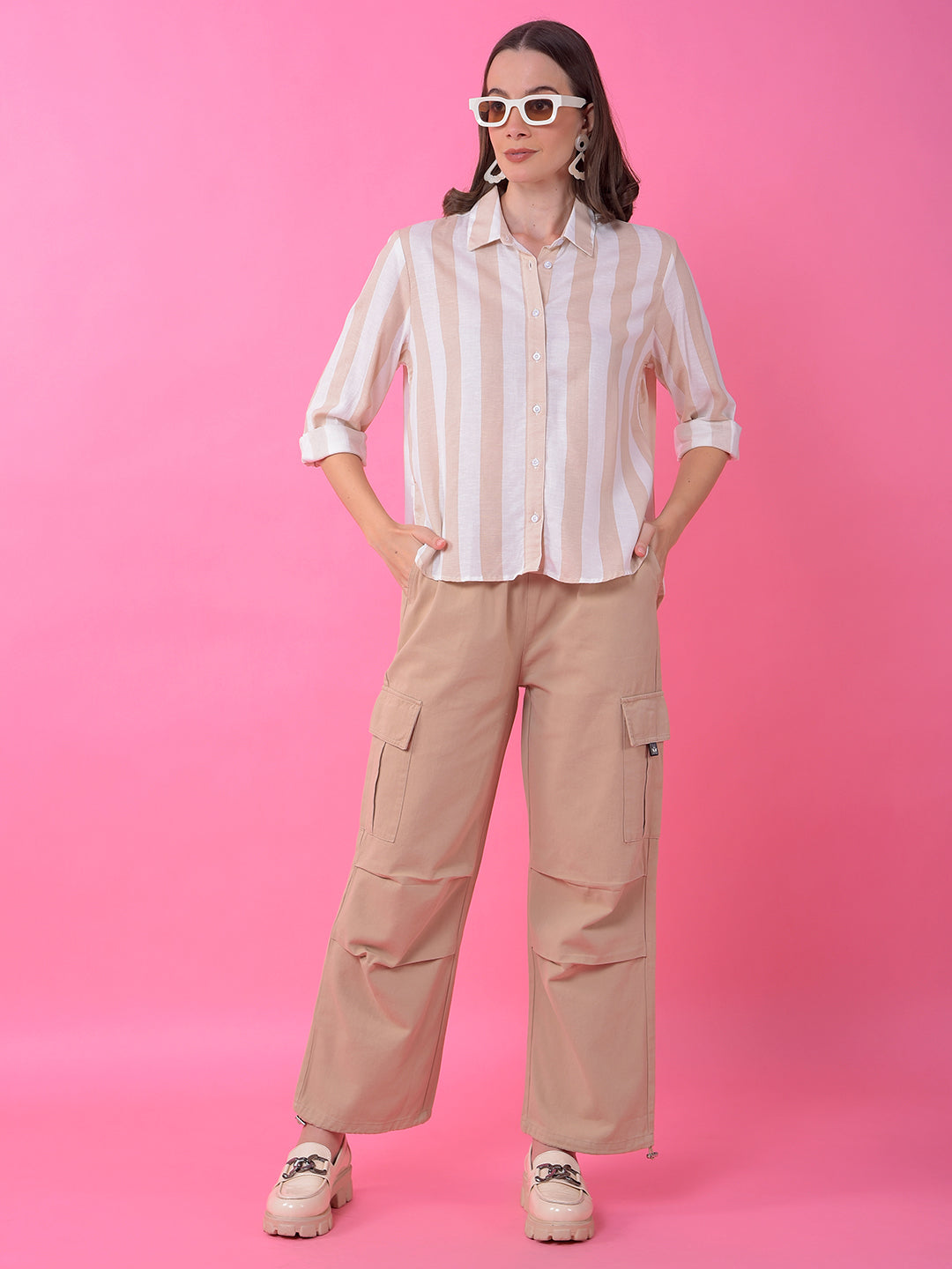 Beige Vertical Stripes Linen Shirt