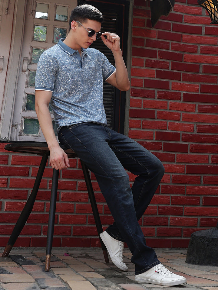 Blue Printed Polo Neck T-Shirt
