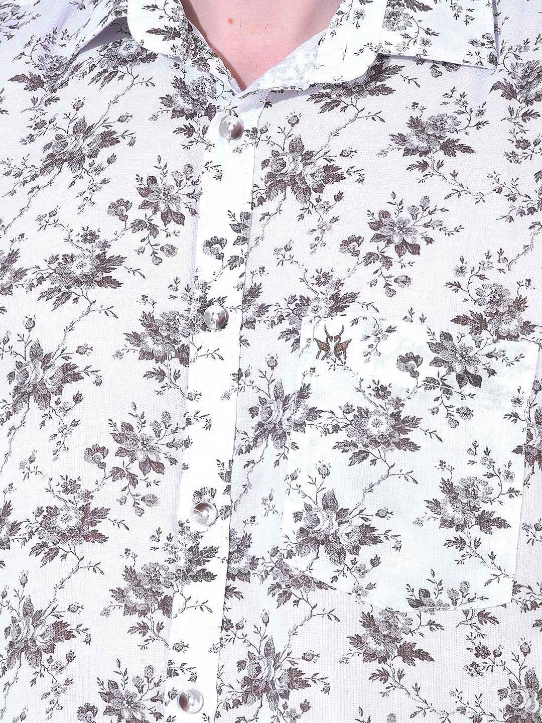 White Linen Floral Print Shirt