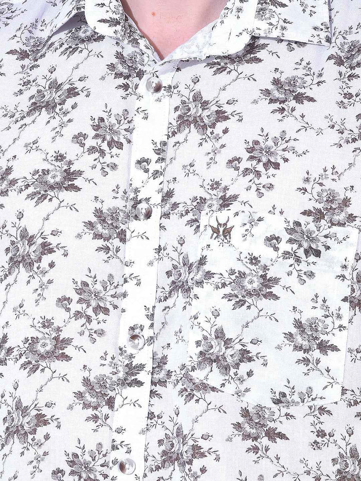 White Linen Floral Print Shirt