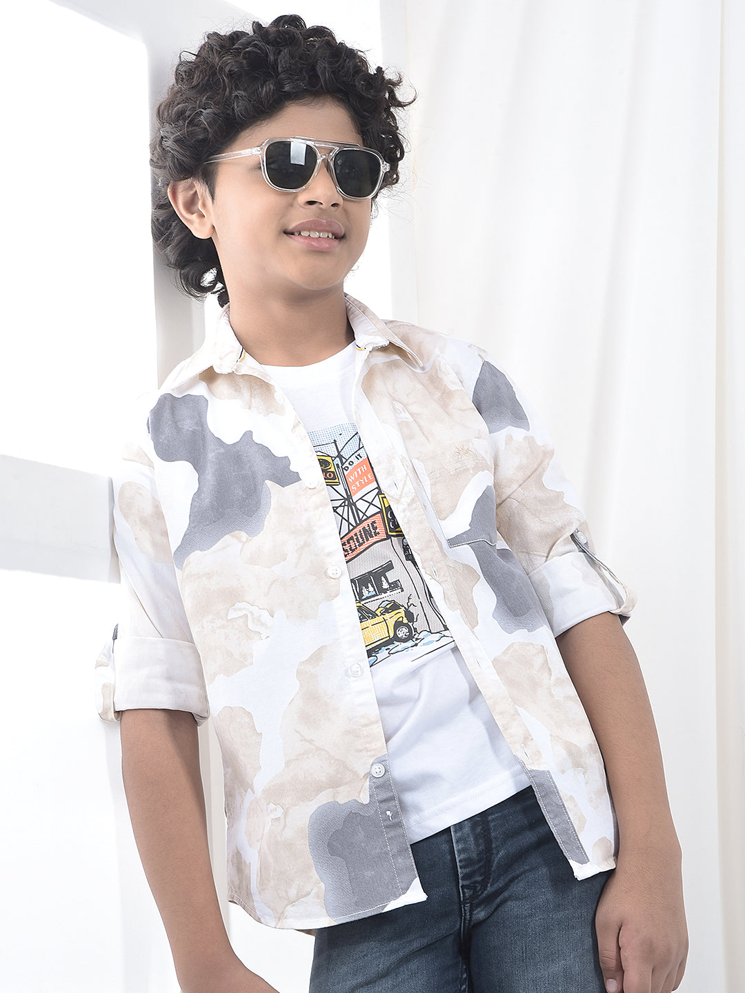 Beige Abstract Print Shirt & T-Shirt Set