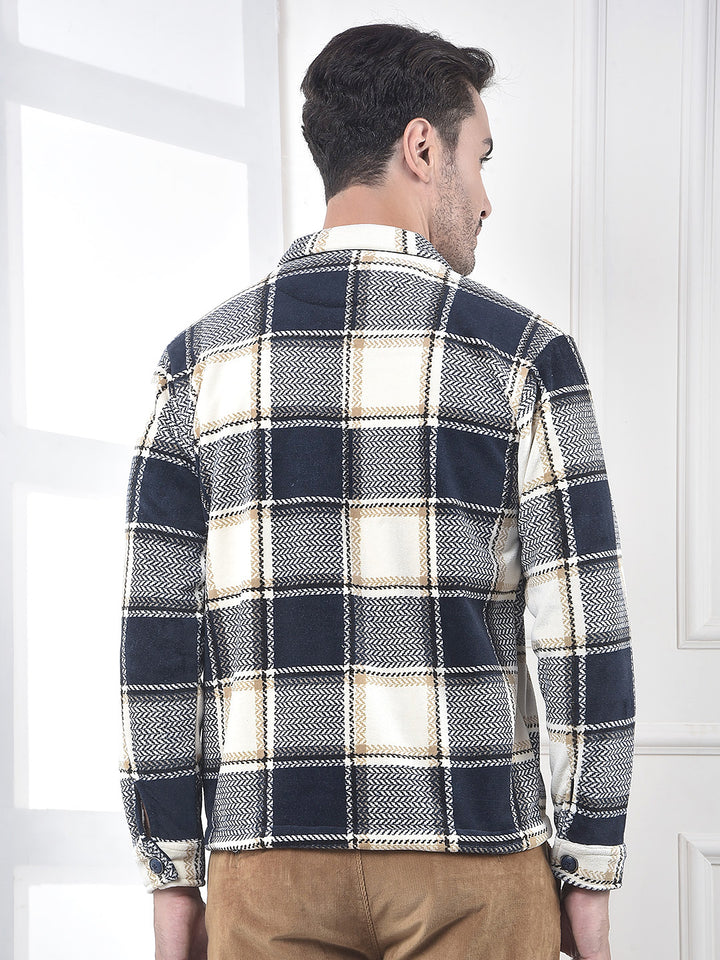 Navy Blue Checked Zip-Up Shacket