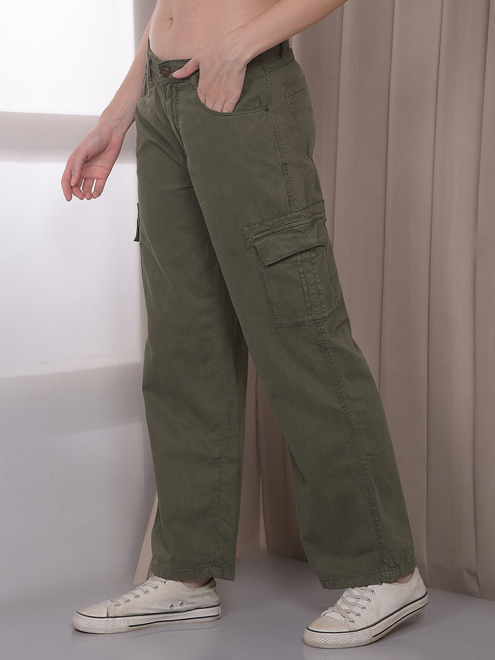 Women's Olive 100% Cotton Cargo Jeans-Women Jeans-Crimsoune Club