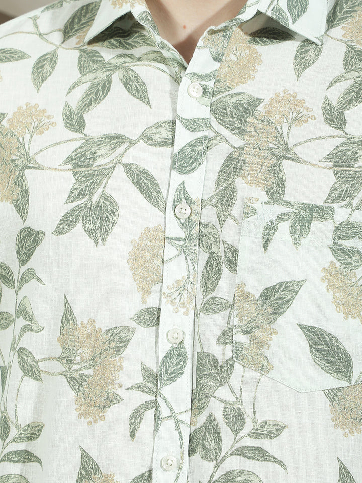 Green Botanical Print Linen Shirt