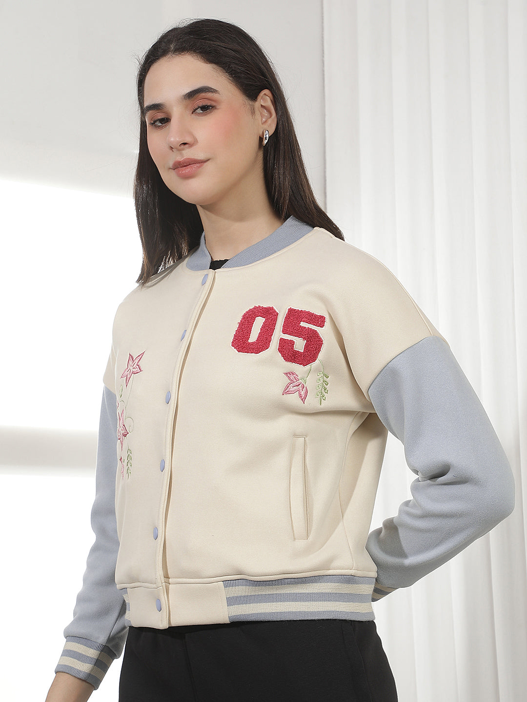 Cream Embellished Varsity Shacket