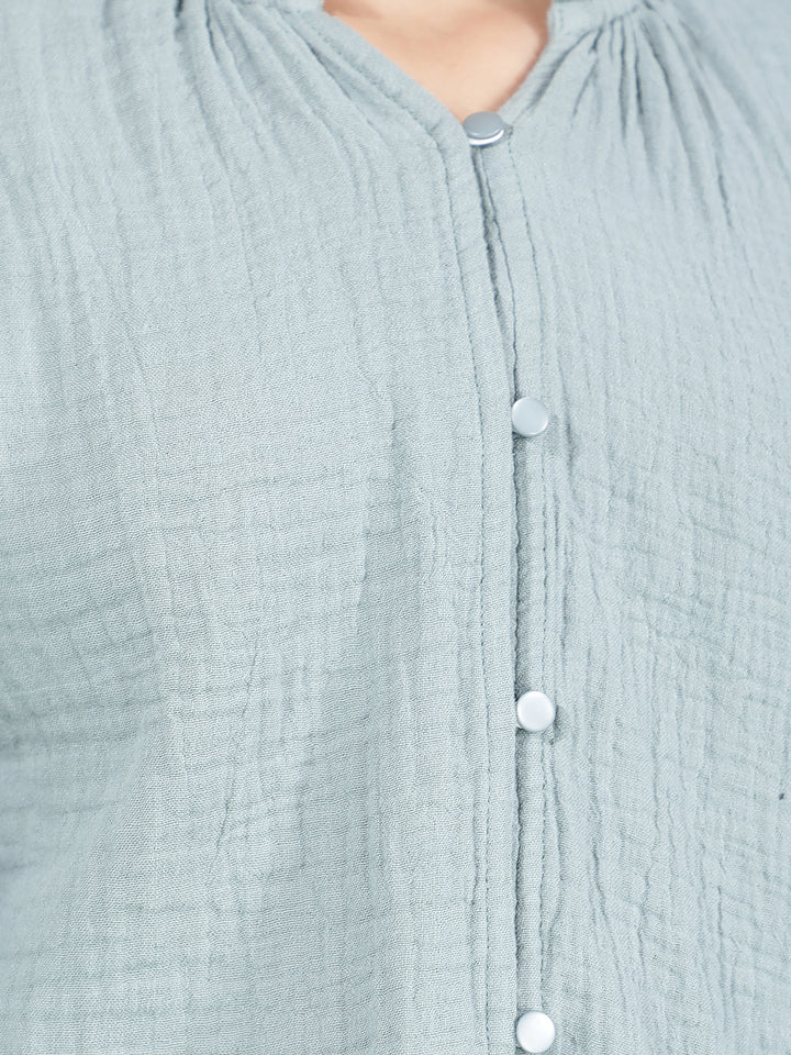 Green Textured V-Neck Top
