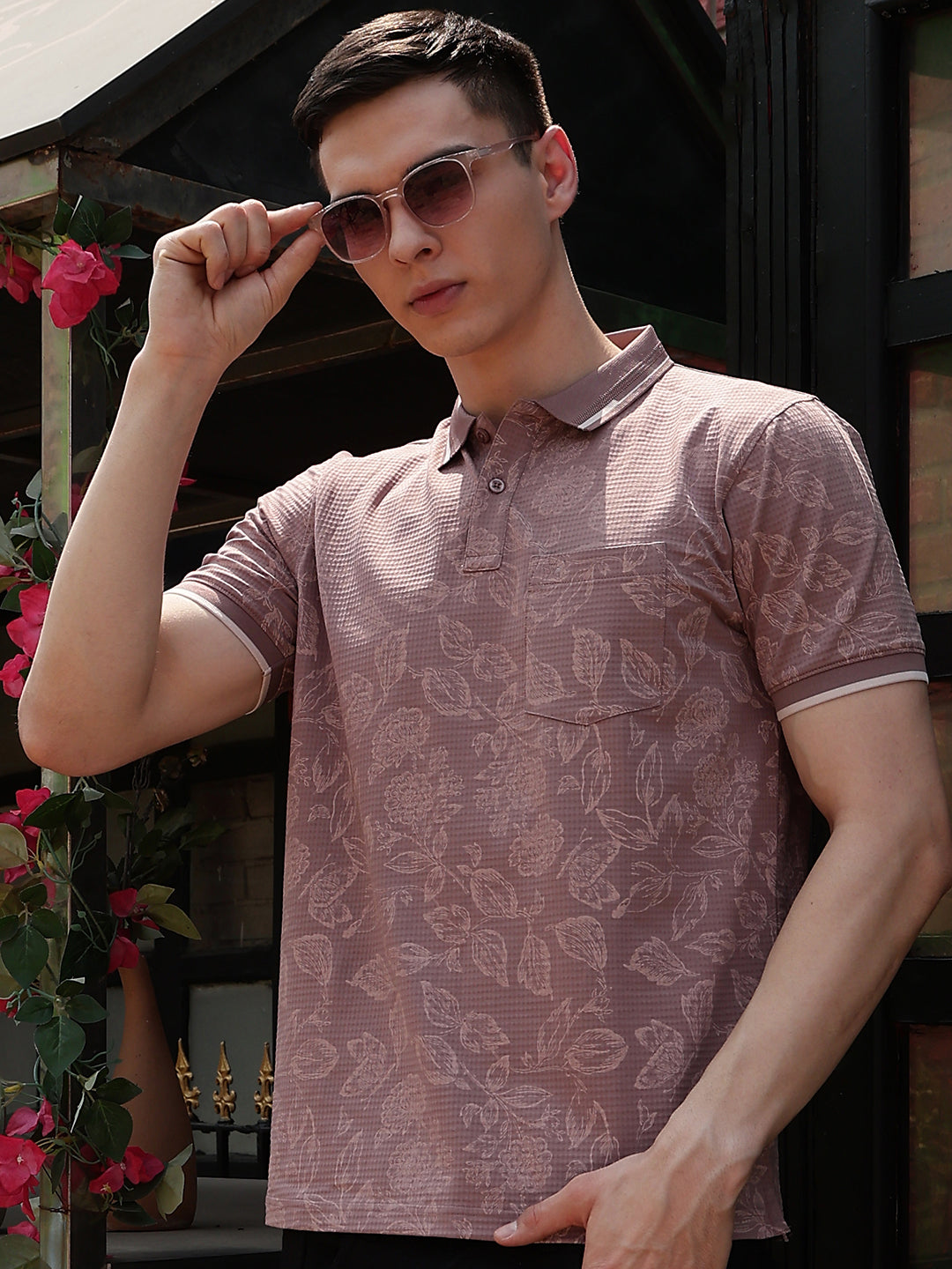 Purple Floral Print Polo Neck T-Shirt