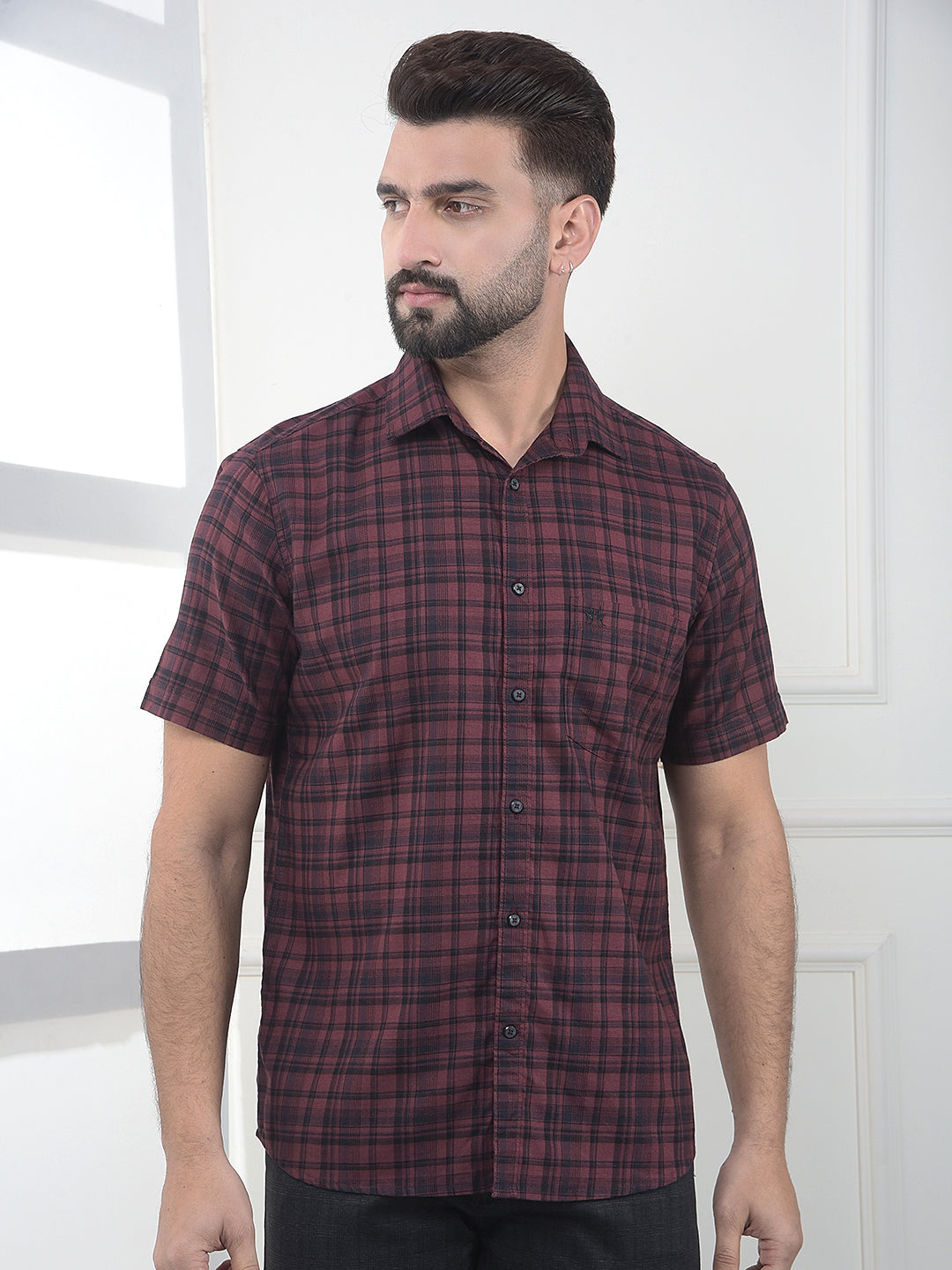 Taupe Maroon Checked 100% Cotton Shirt