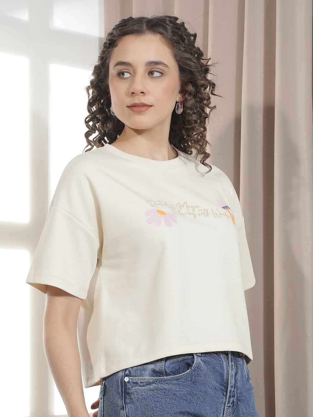 Beige Typographic Printed Crop Oversize T-Shirt