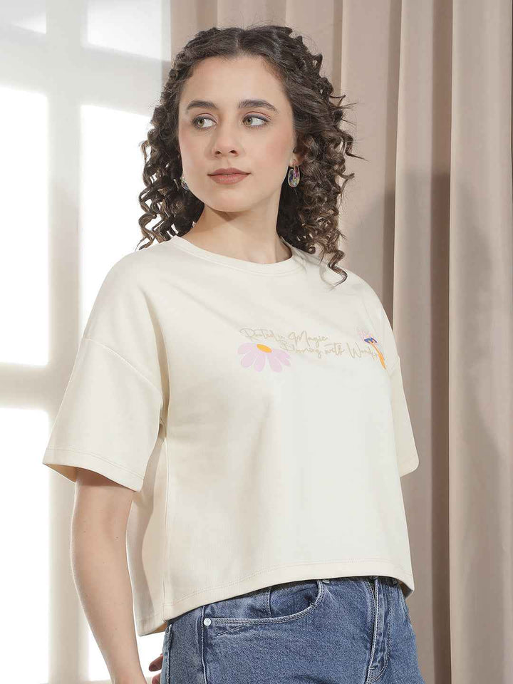 Beige Typographic Printed Crop Oversize T-Shirt