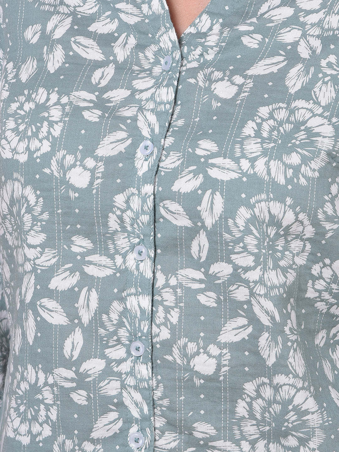 Green Floral Print 100% Cotton V-Neck Shirt