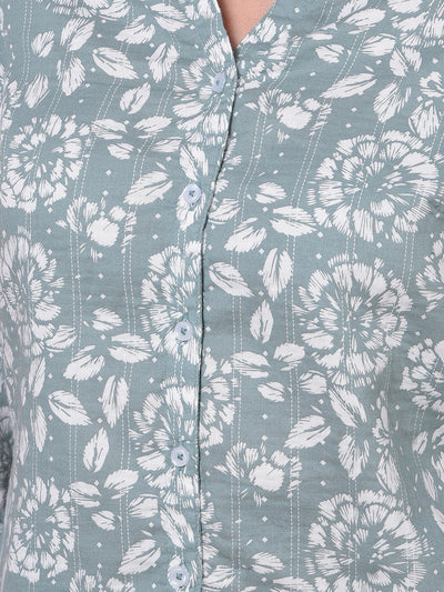 Green Floral Print 100% Cotton V-Neck Shirt