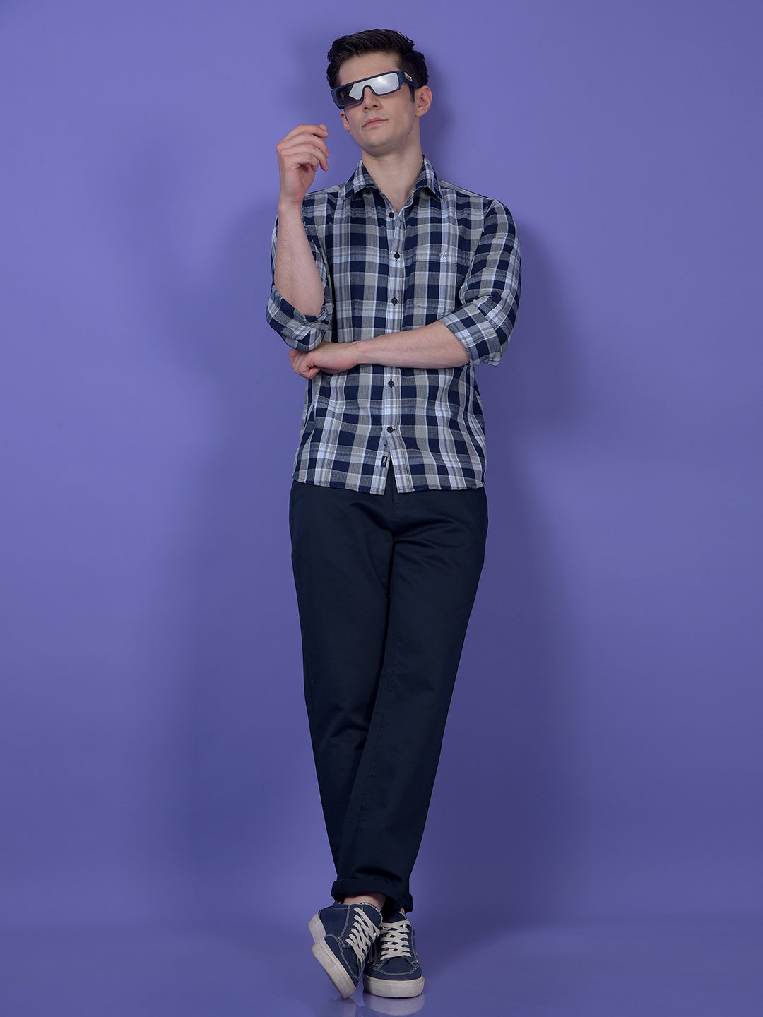 Navy Blue Checked 100% Cotton Shirt