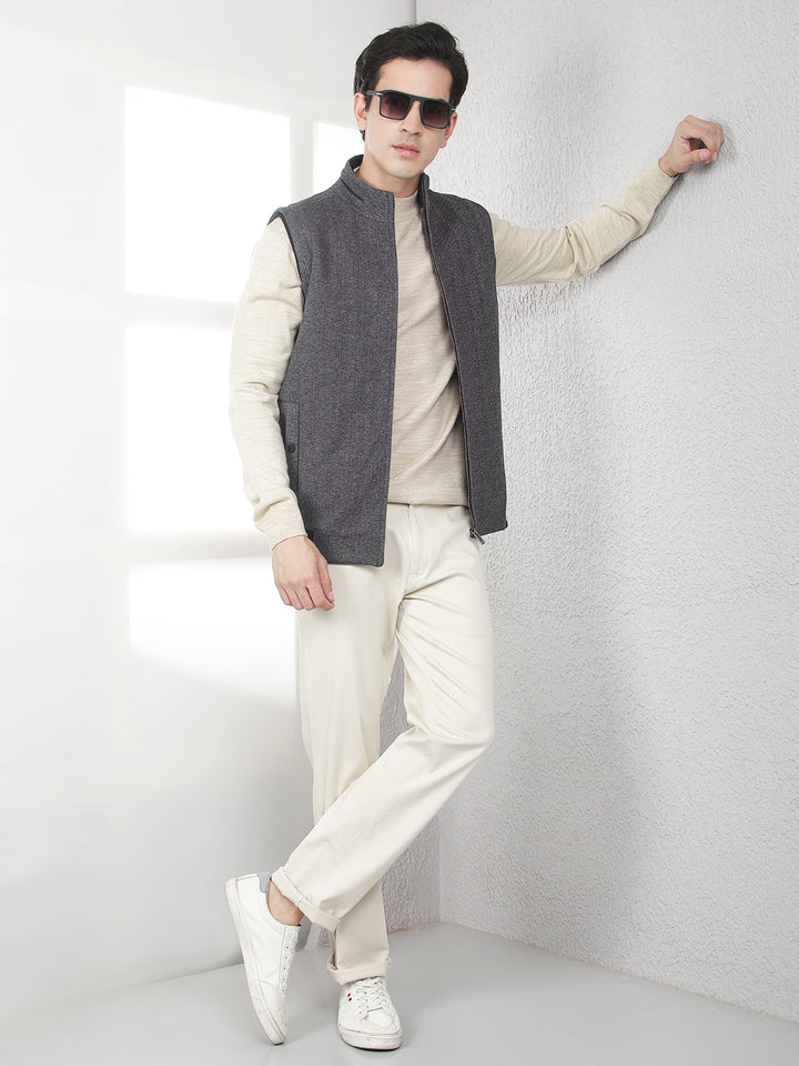 Black Checked High Neck Sleeveless Jacket