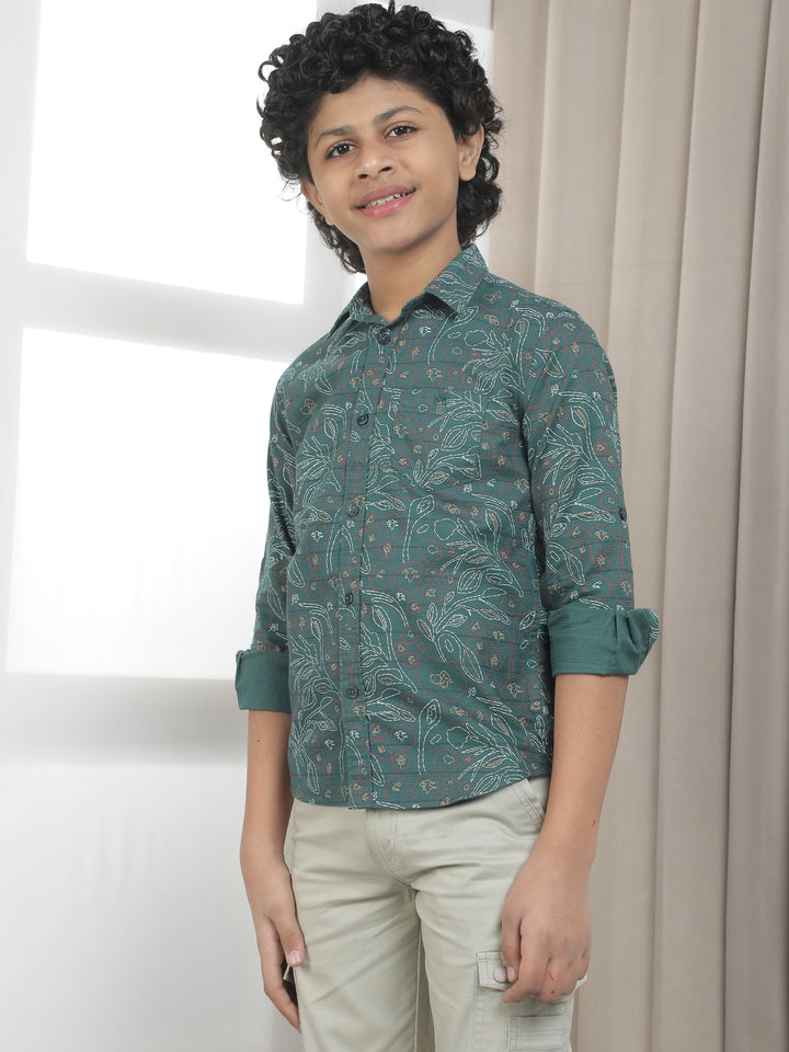 Forest Green 100% Cotton Floral Print Shirt