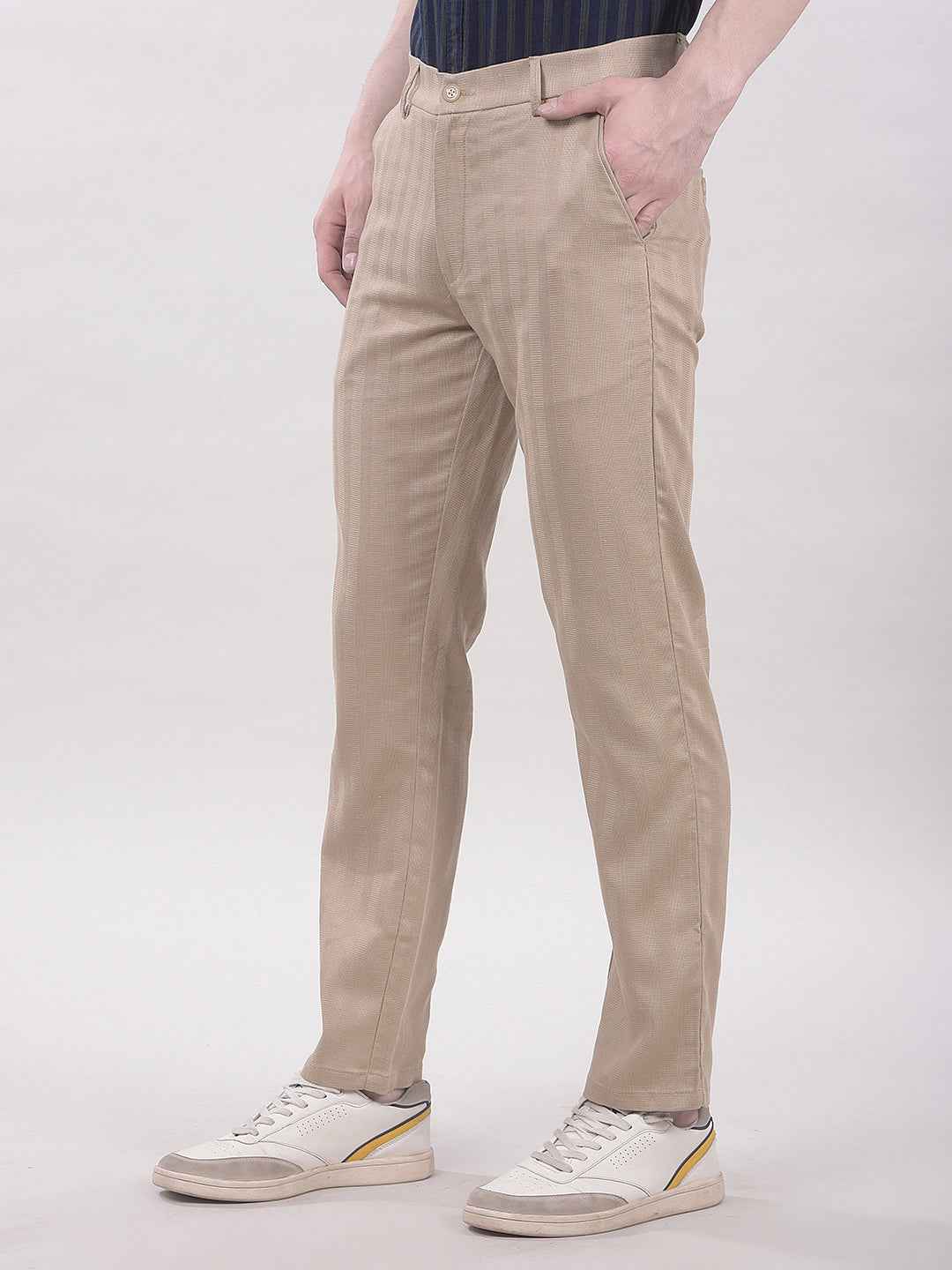 Beige Vertical Stripes Chinos Trousers