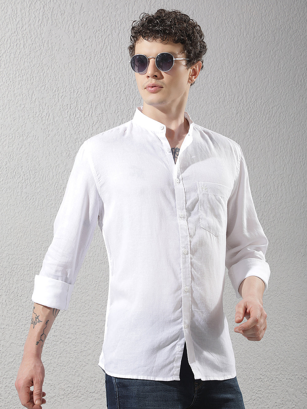 White Linen Mandarin Neck Shirt