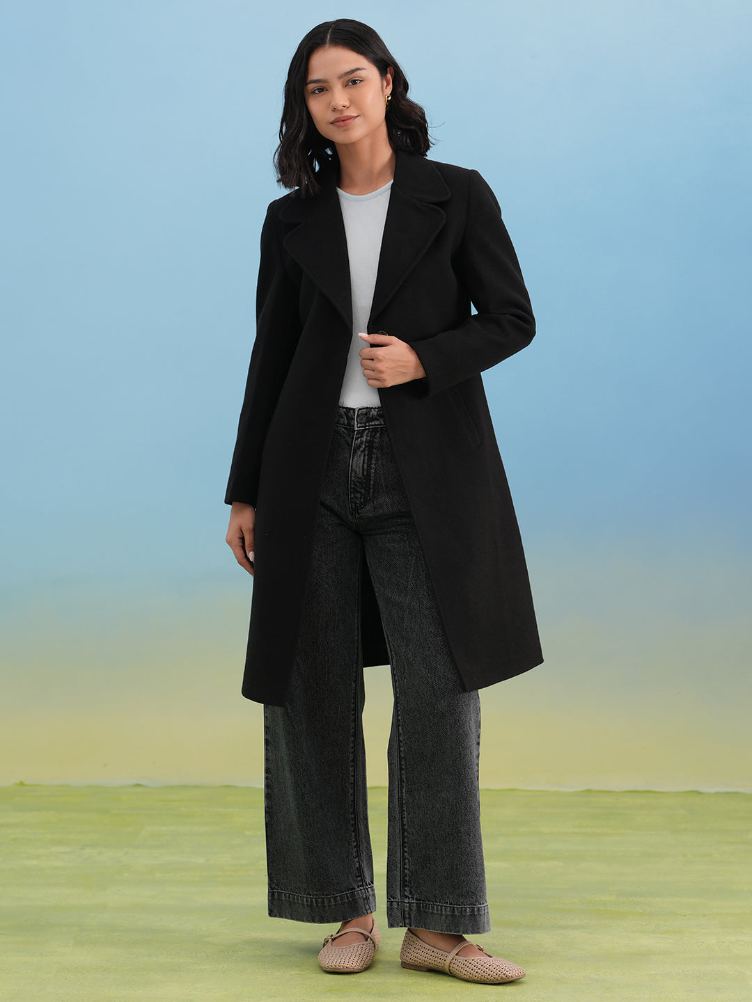 Black Notched-Lapel Over-Coat