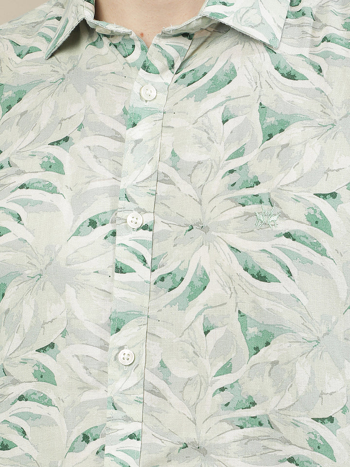 Green Floral Print Linen Shirt