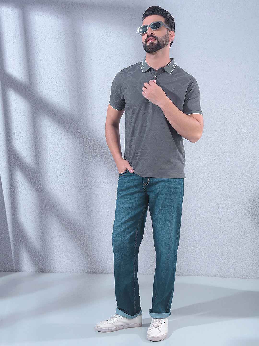 Grey Jacquard Polo Neck T-Shirt