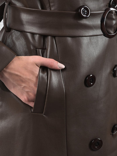 Brown Notched Lapel Leather Overcoat With Belt
