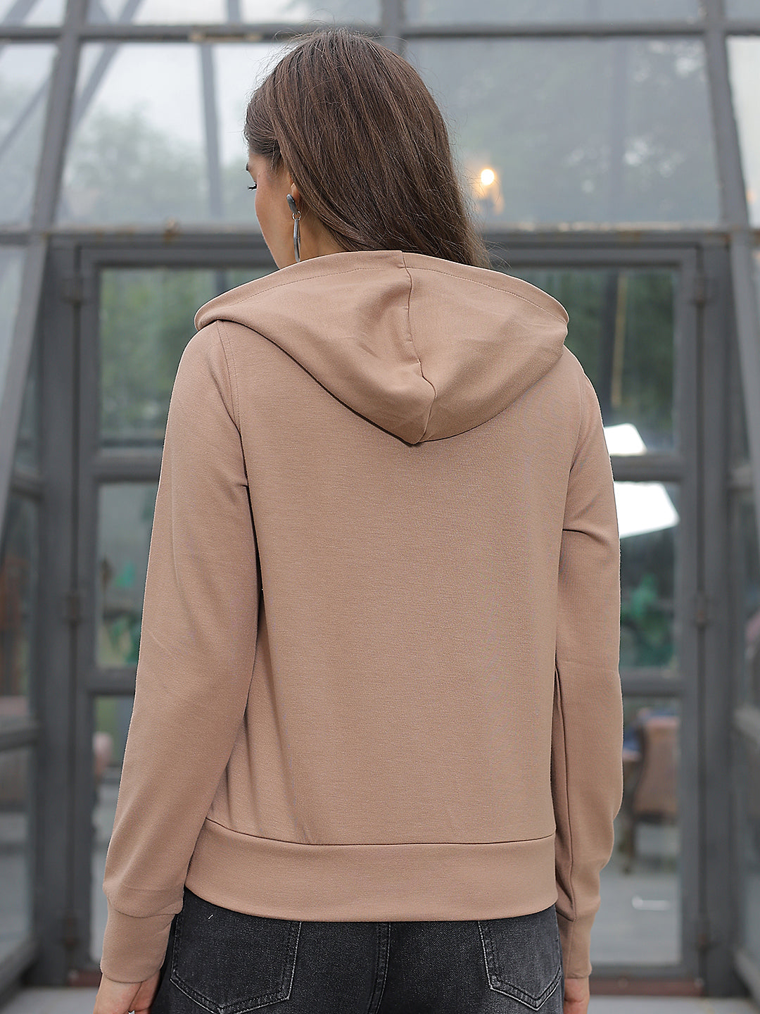 Beige Typographic Print Hooded Neck Sweatshirt