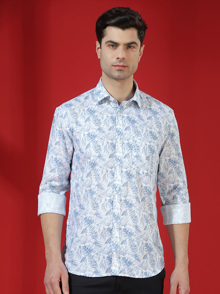 Beige Floral Print Linen Shirt