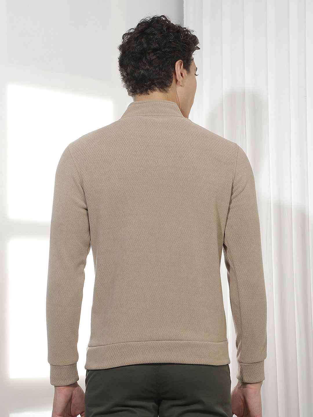 Beige Jacquard High Neck Sweatshirt