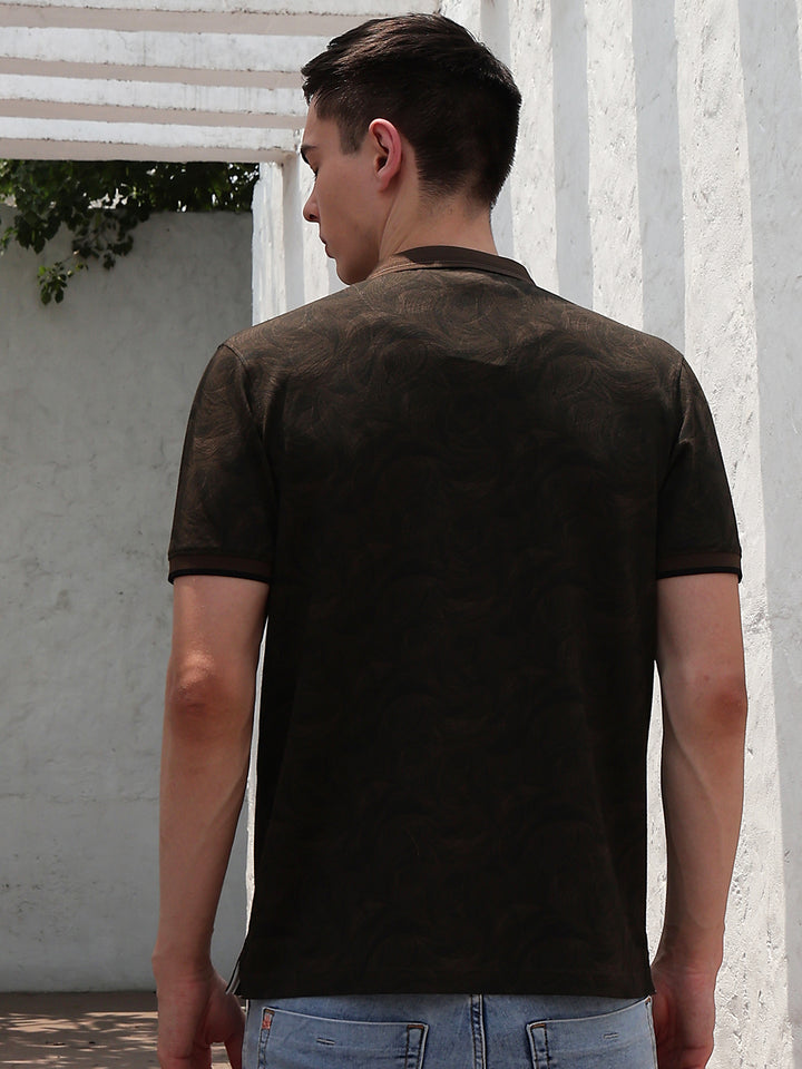 Brown Printed Polo Neck T-Shirt