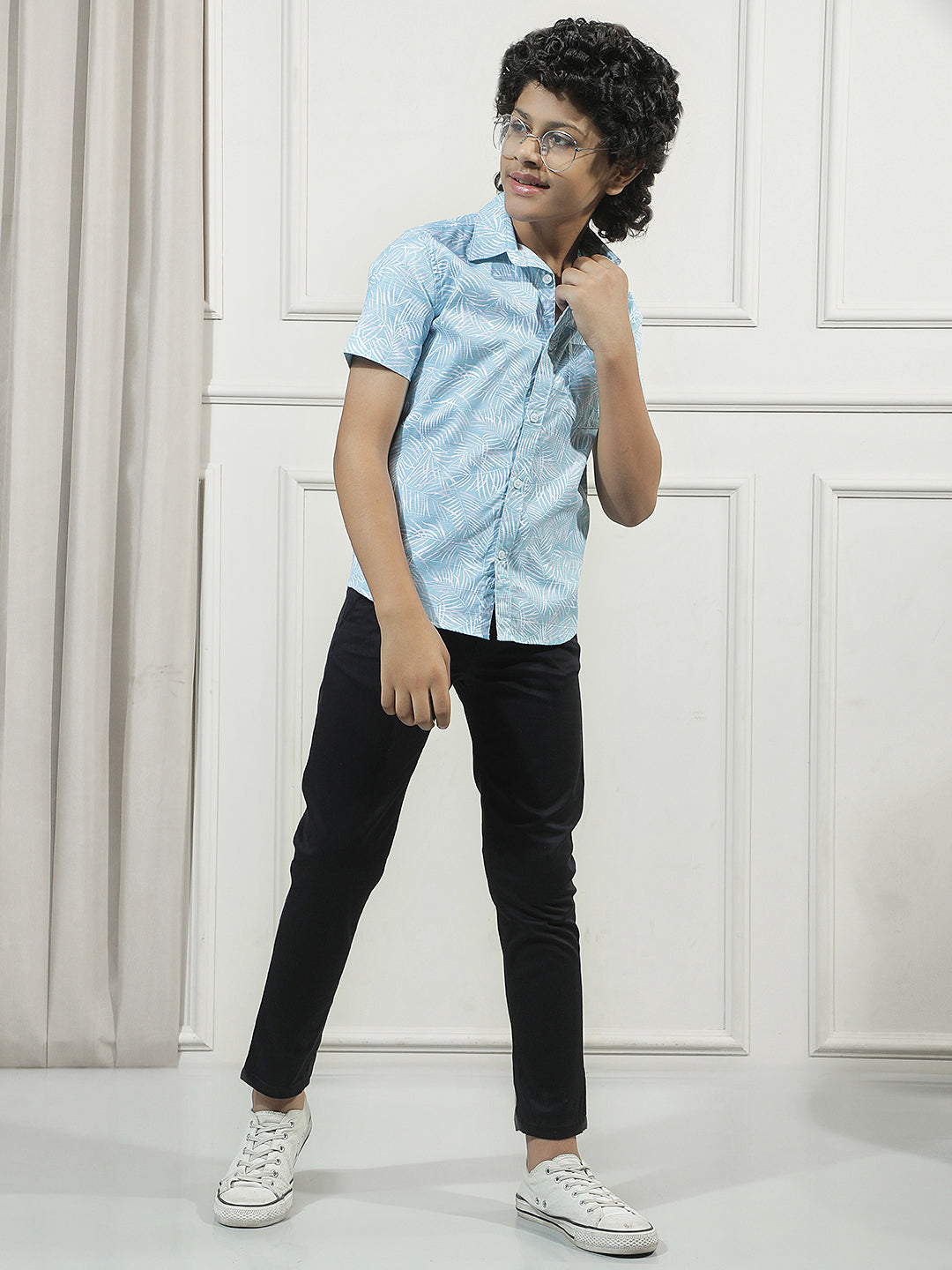Sky Blue 100% Cotton Botanical Print Shirt