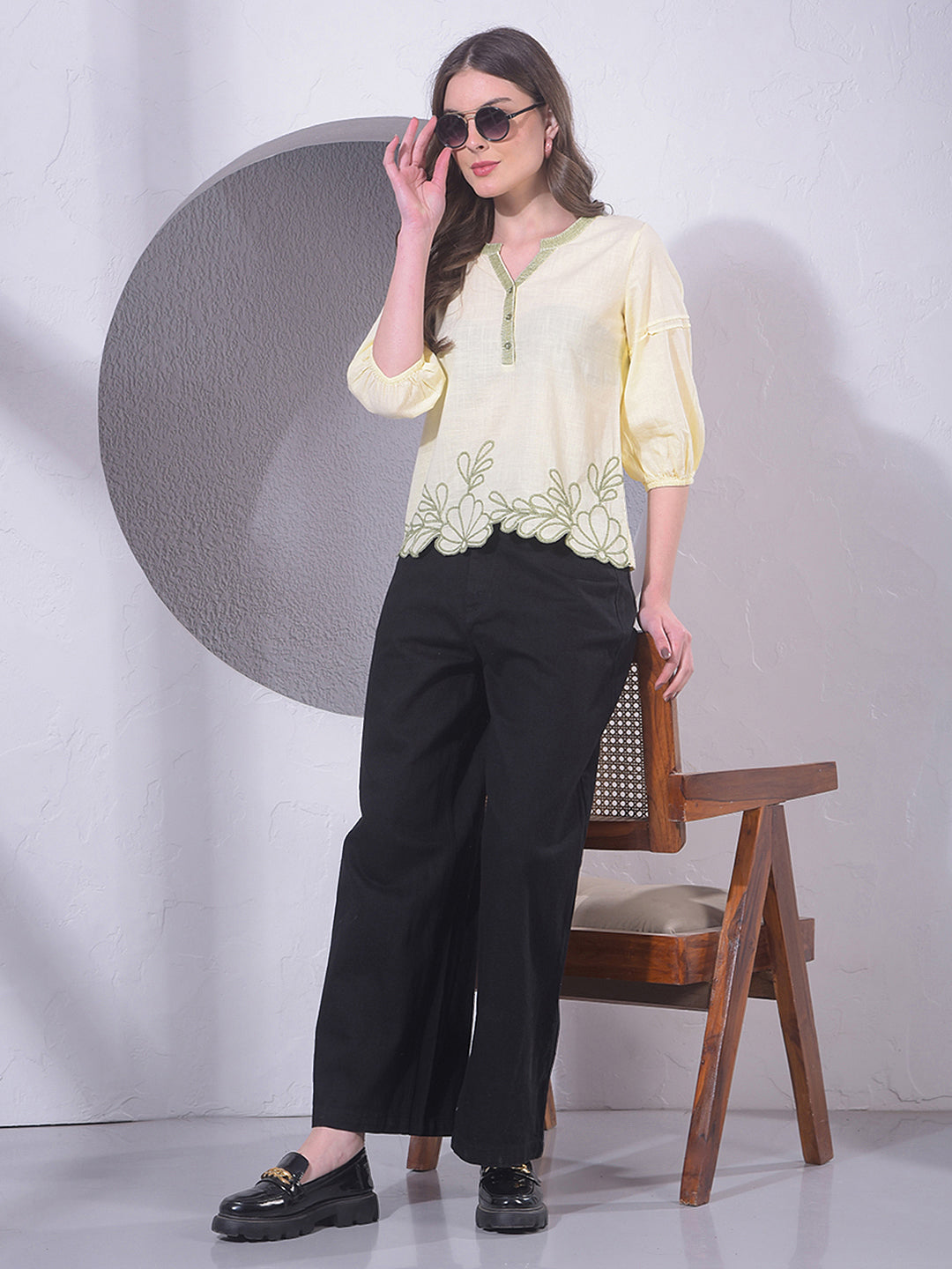 Yellow Embroidered V-Neck 100% Cotton Top