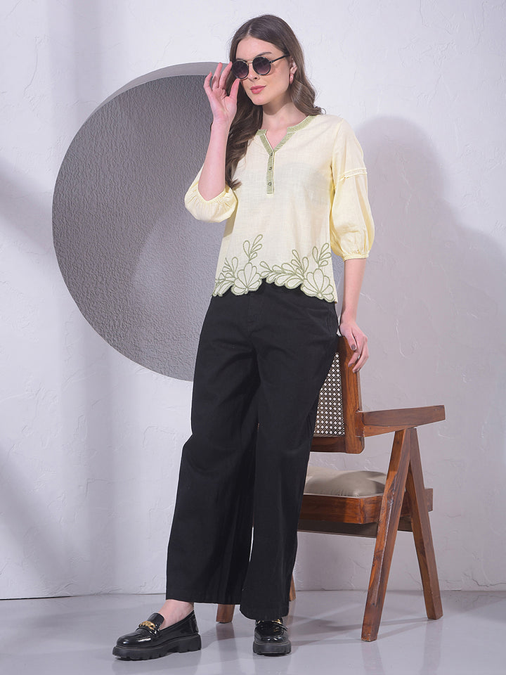 Yellow Embroidered V-Neck 100% Cotton Top