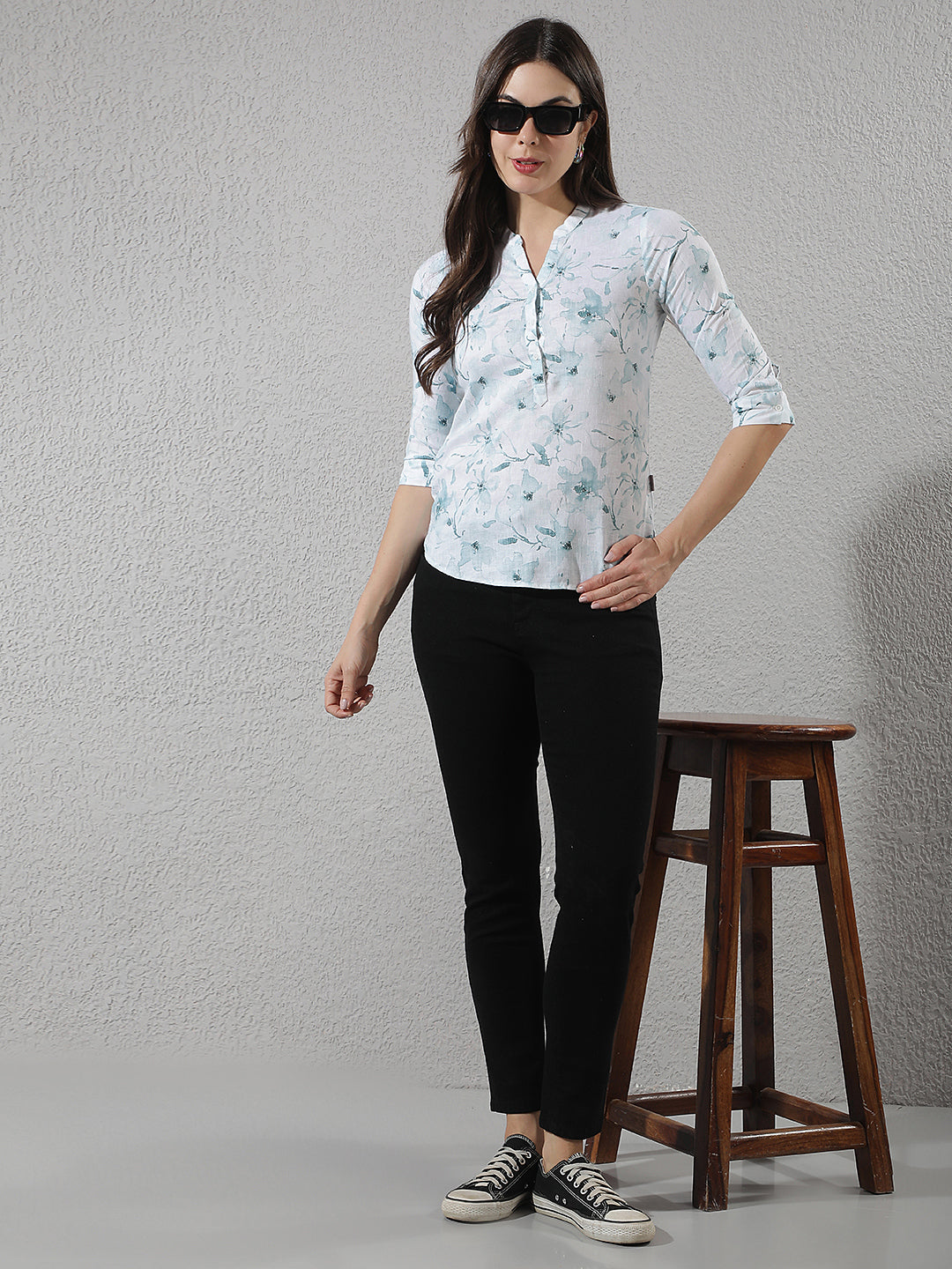 Green Floral Print V-Neck Linen Top