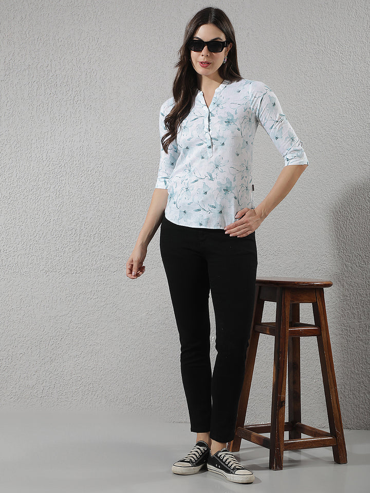 Green Floral Print V-Neck Linen Top