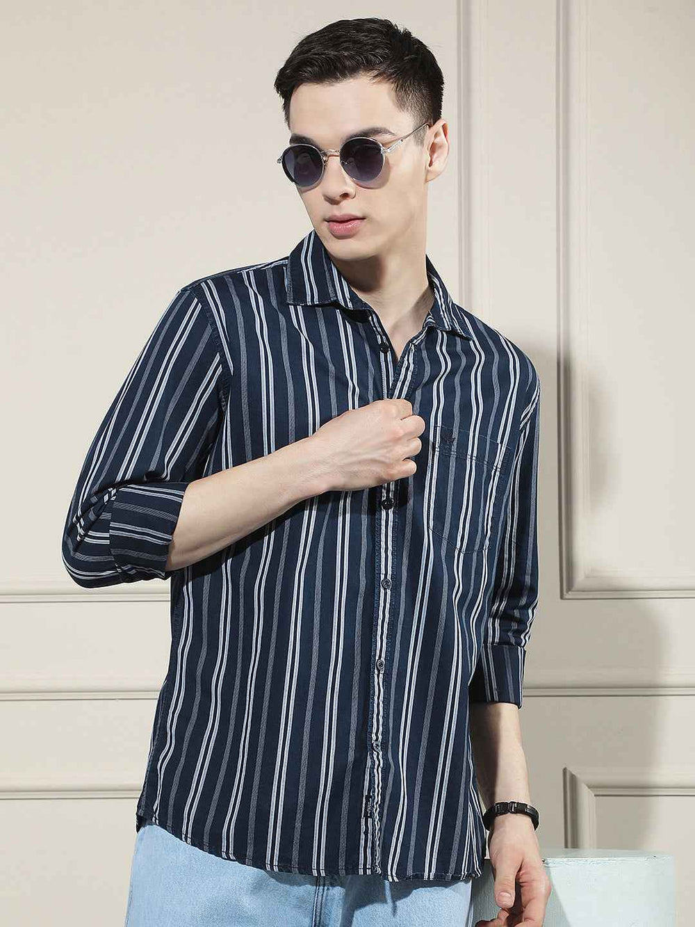 Navy Blue Vertical Stripes 100% Cotton Shirt