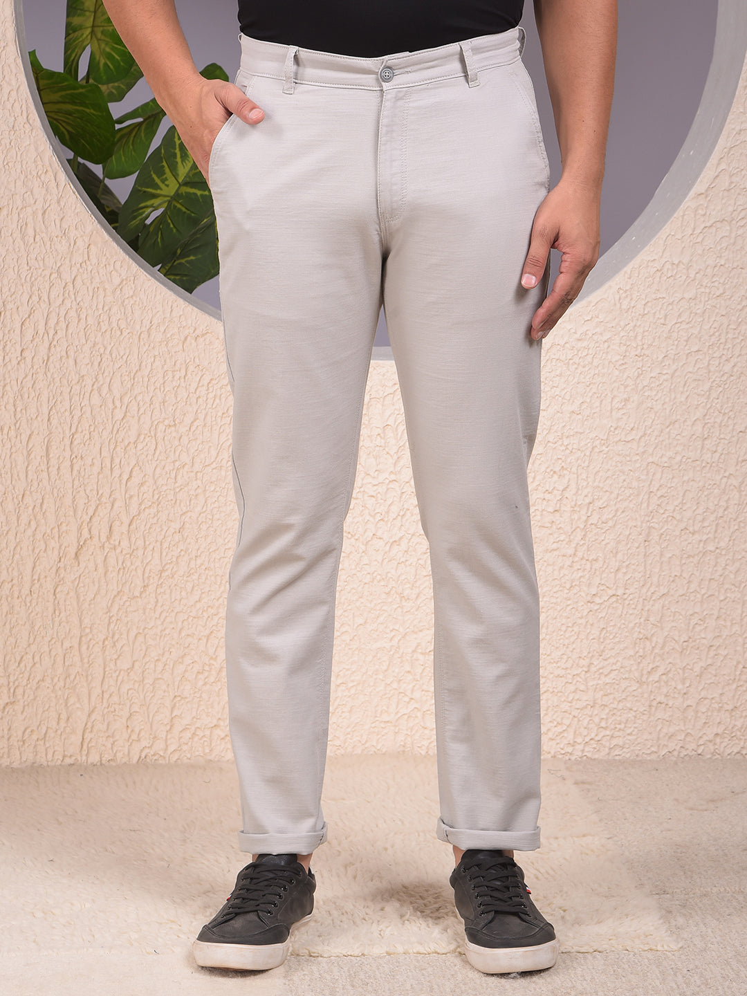 Grey Textured 100% Cotton Trousers