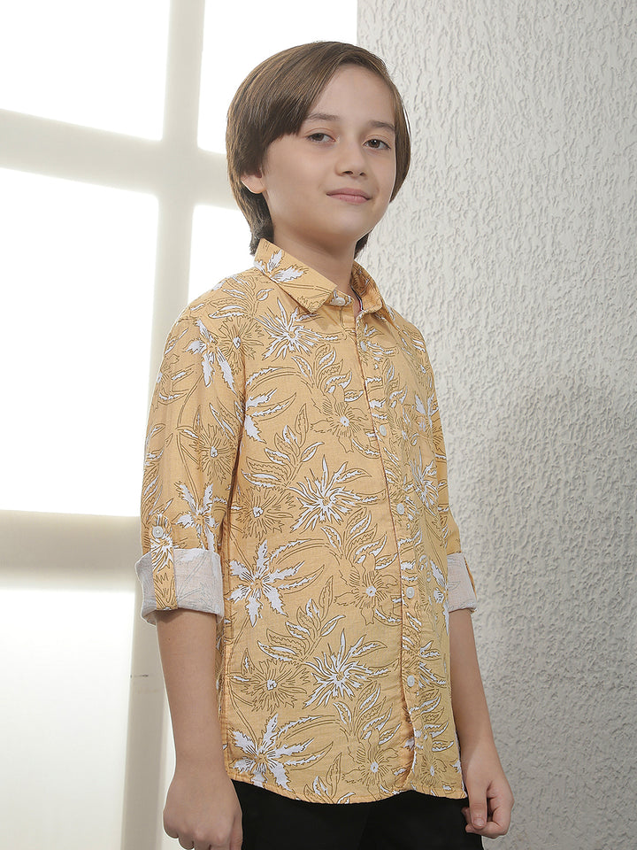 Tan Floral Print 100% Cotton Shirt