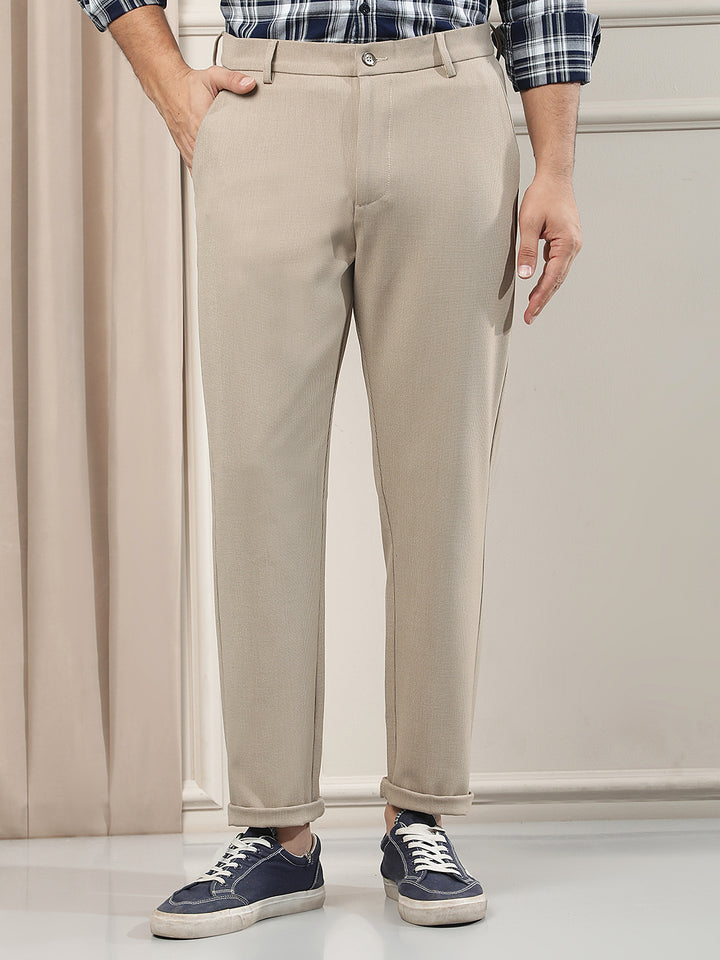 Beige Textured Knitted Trousers