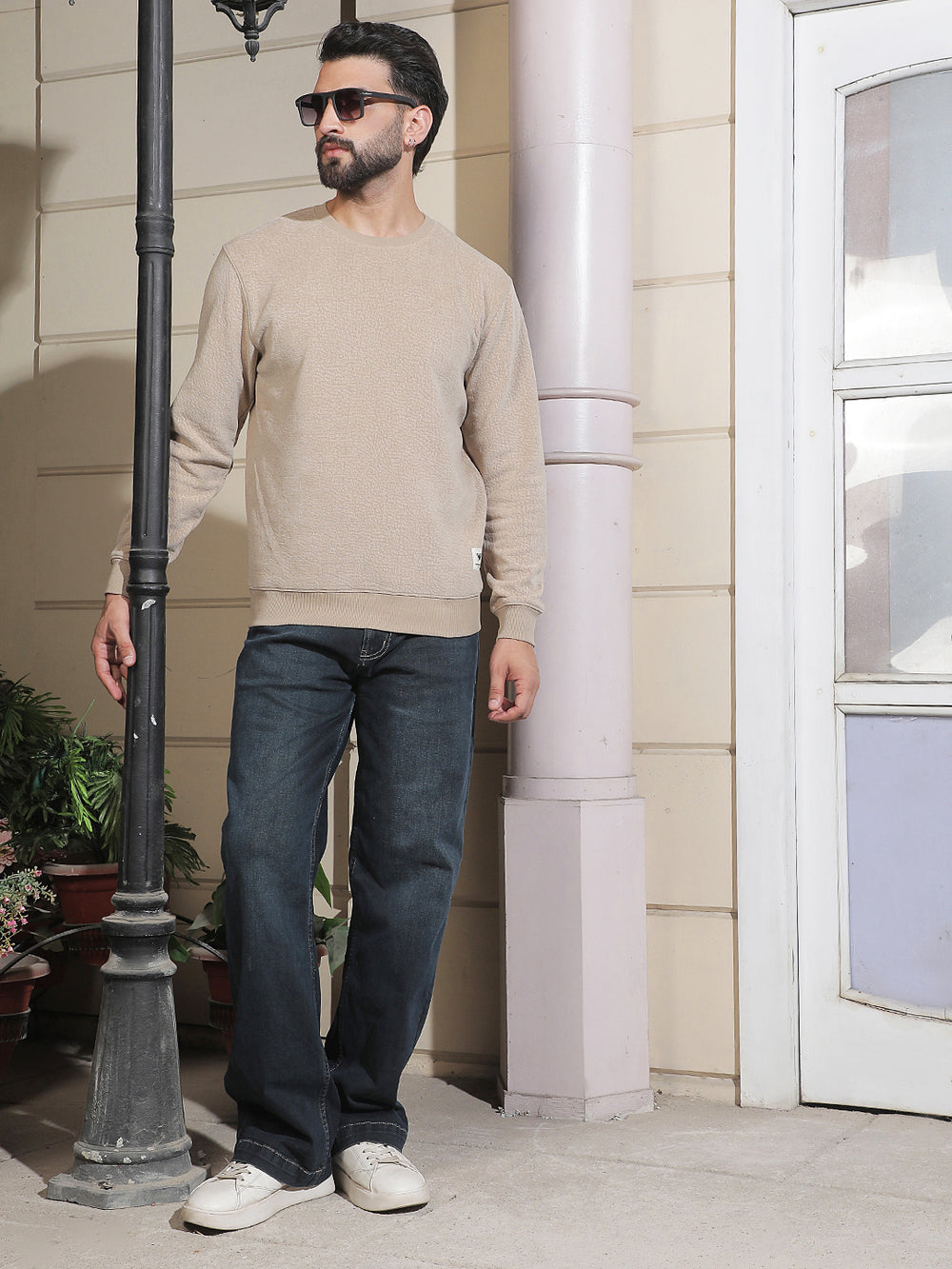 Sleek Cream Beige Jacquard Sweatshirt