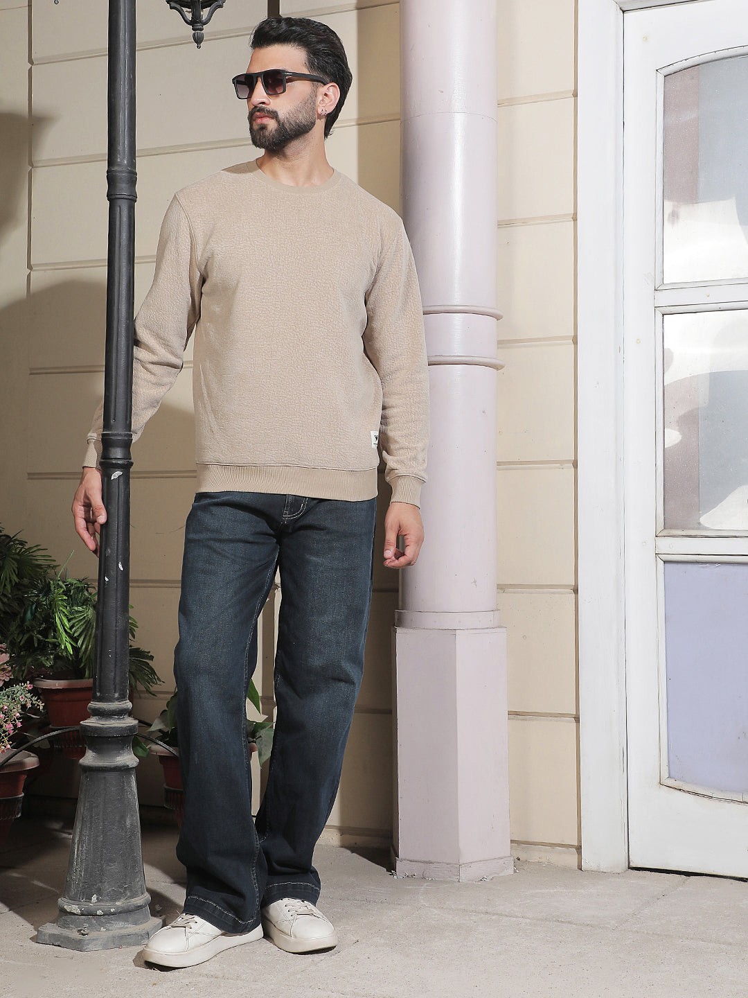 Sleek Cream Beige Jacquard Sweatshirt