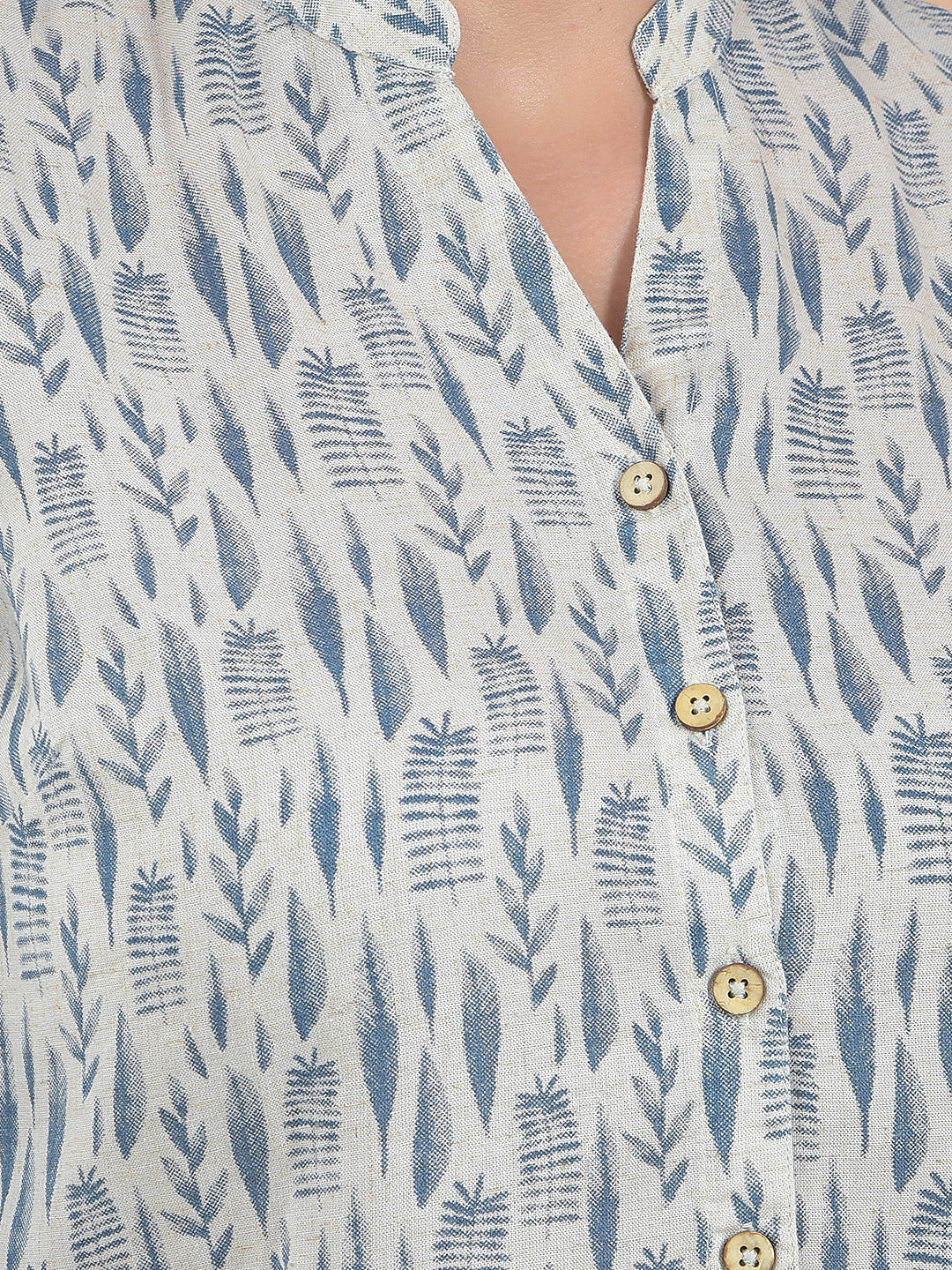 Printed Linen Green V-Neck Shirt