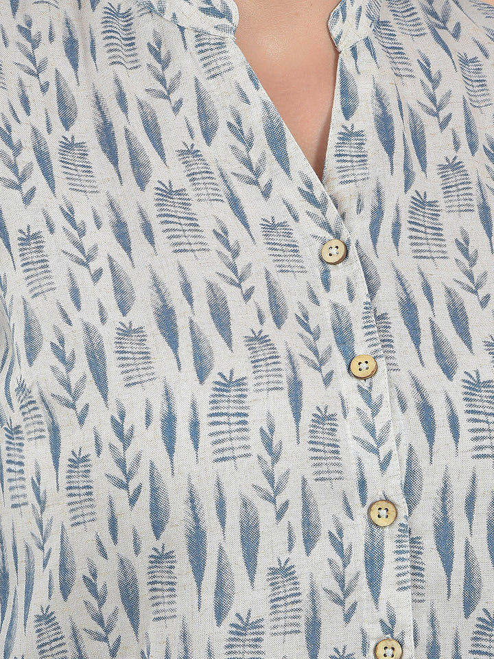 Printed Linen Green V-Neck Shirt