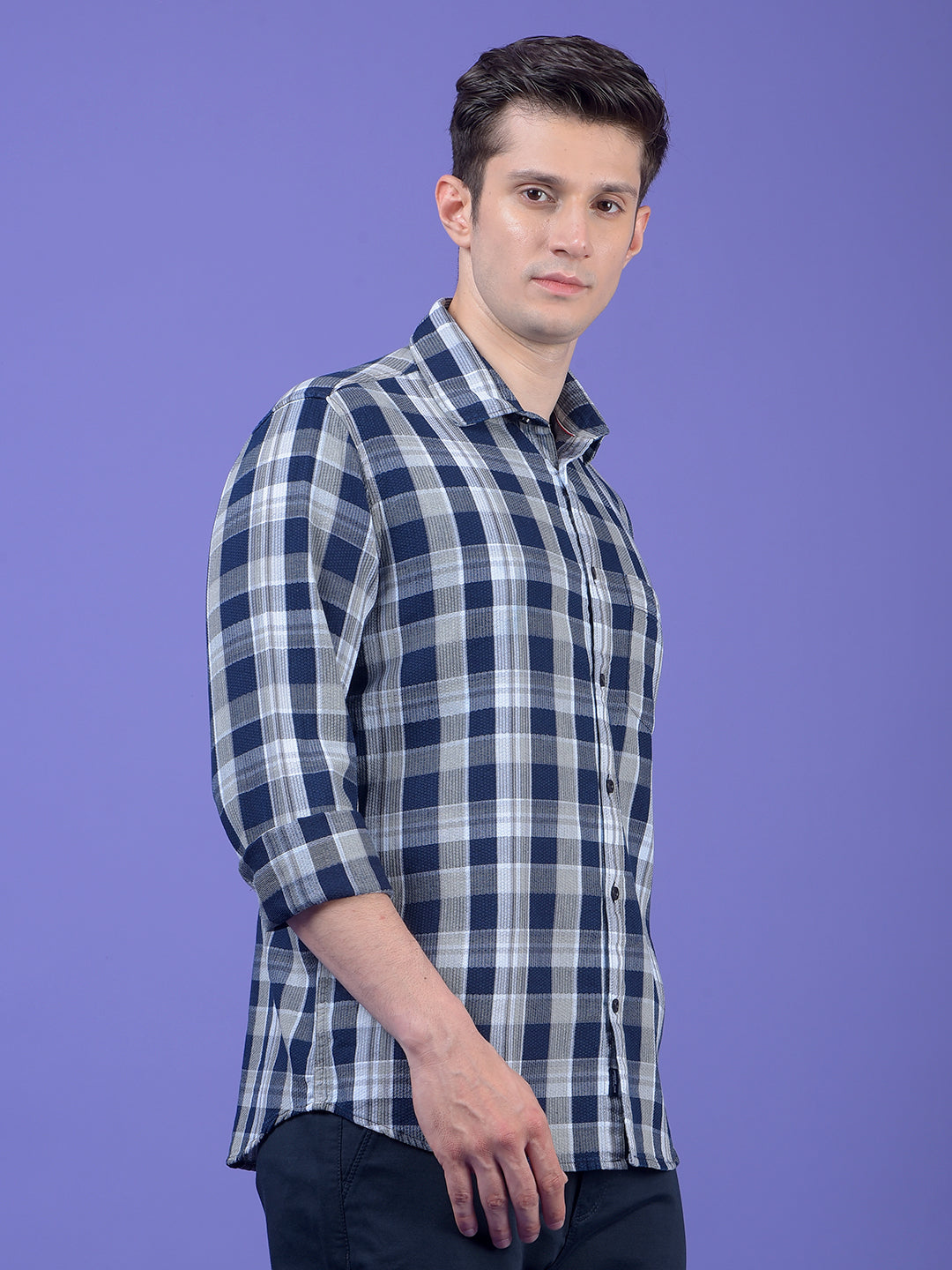 Navy Blue Checked 100% Cotton Shirt