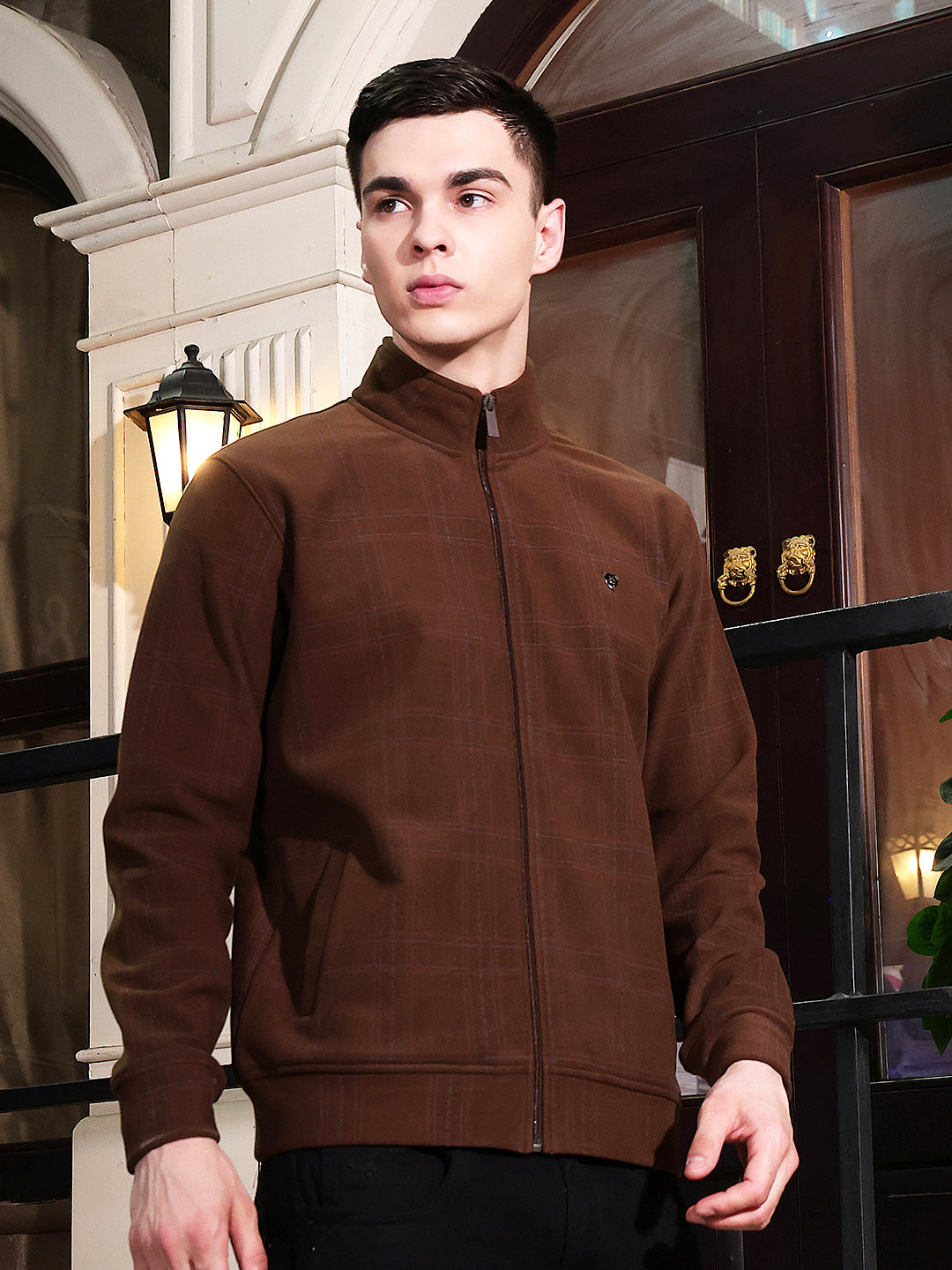 Tan Checked Front Open Sweatshirt