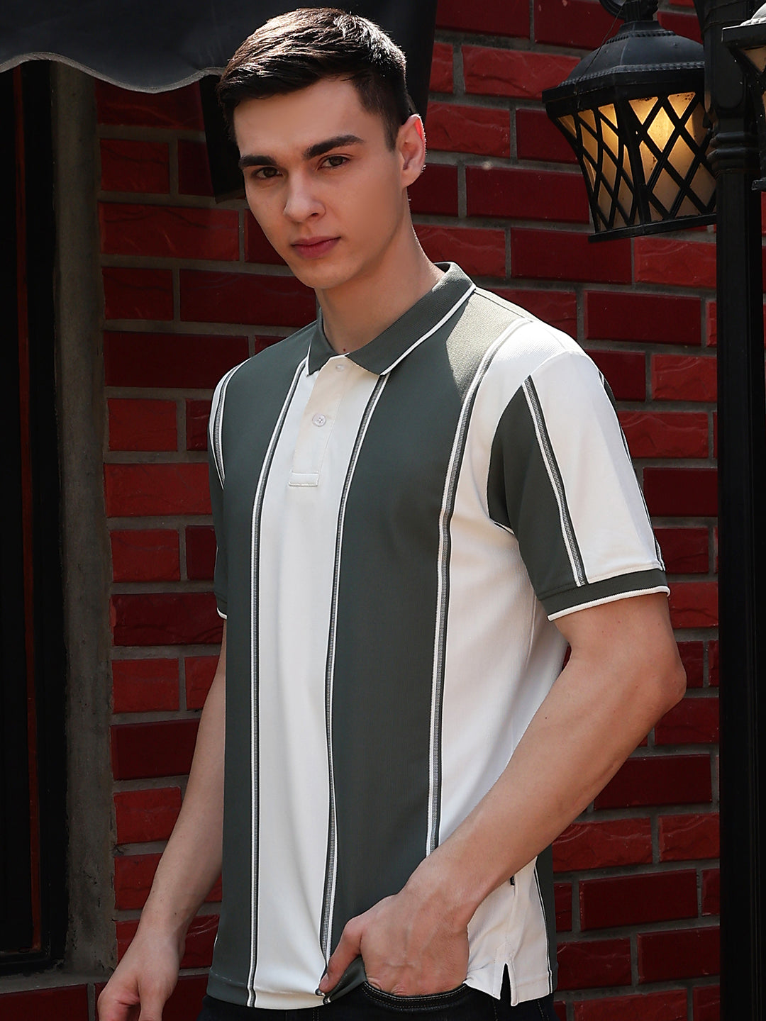 Green Vertical Striped Polo Neck T-Shirt